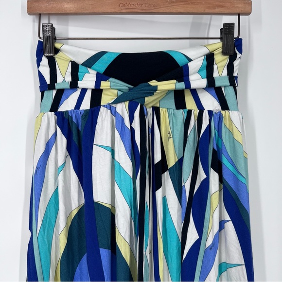 Emilio Pucci Blue Yellow Abstract Fold Over Twist Waist Stretch Maxi Skirt - Picture 2 of 11